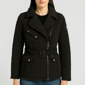 NWT Blanc Noir Black Quilted Utility Jacket MEDIUM. Soft faux fur inside.